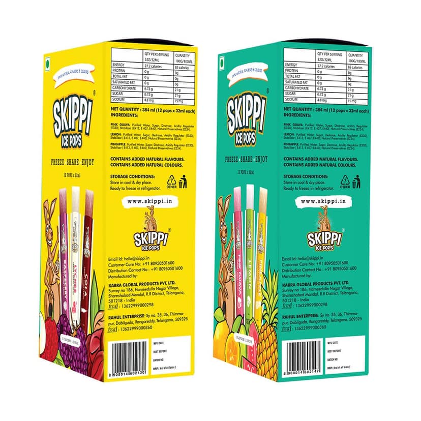 (Yellow + Green Small box )Cola,Lychee,Raspberry,Pink Guava,Lemon and Pineapple Flavor Combo of small pack of 12 +12 Skippi Ice pops of 32 ml each view 4