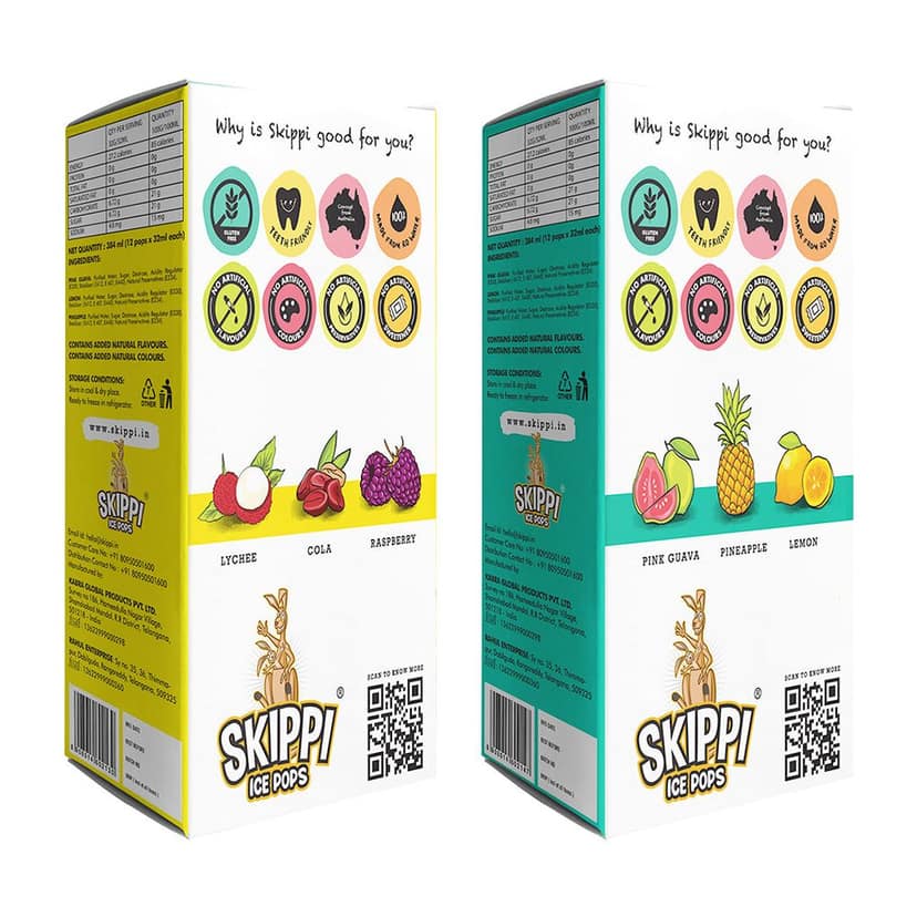 (Yellow + Green Small box )Cola,Lychee,Raspberry,Pink Guava,Lemon and Pineapple Flavor Combo of small pack of 12 +12 Skippi Ice pops of 32 ml each view 7
