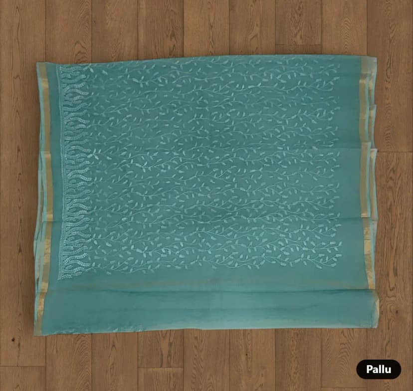 Sea Green Kota Doria Block Print Saree with Zari Border and Blouse view 4