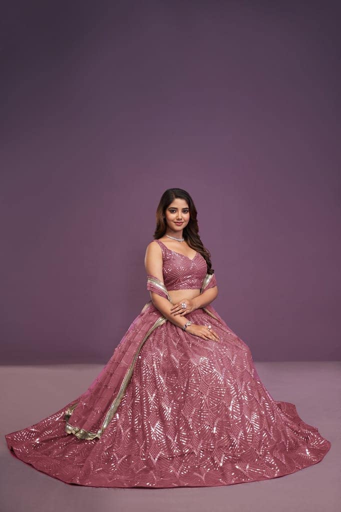 Pink Soft Net Sequence Embroidery Real Mirror Work Lehenga Choli For Women's view 2