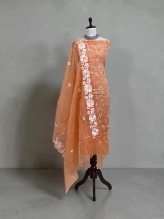 Peach Kota Doria Cotton-Silk Dress Material with Hand-Embroidered Dupatta