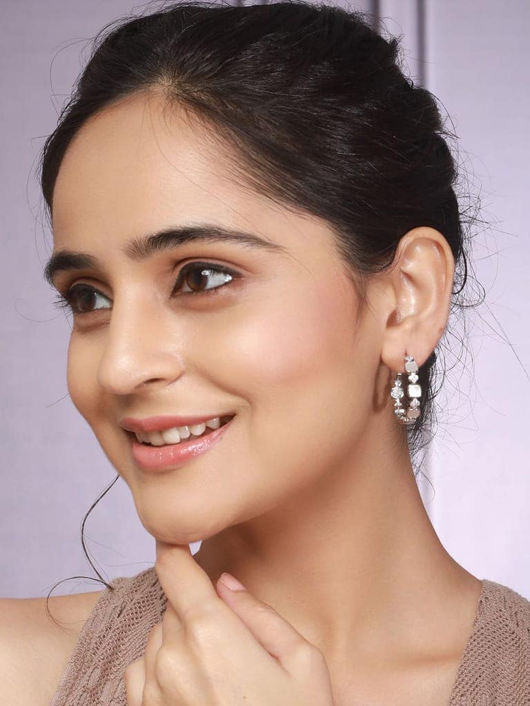 Anti-Tarnish Rhodium Plated Faux Pearl AD Studded hoop Bali Earrings view 2
