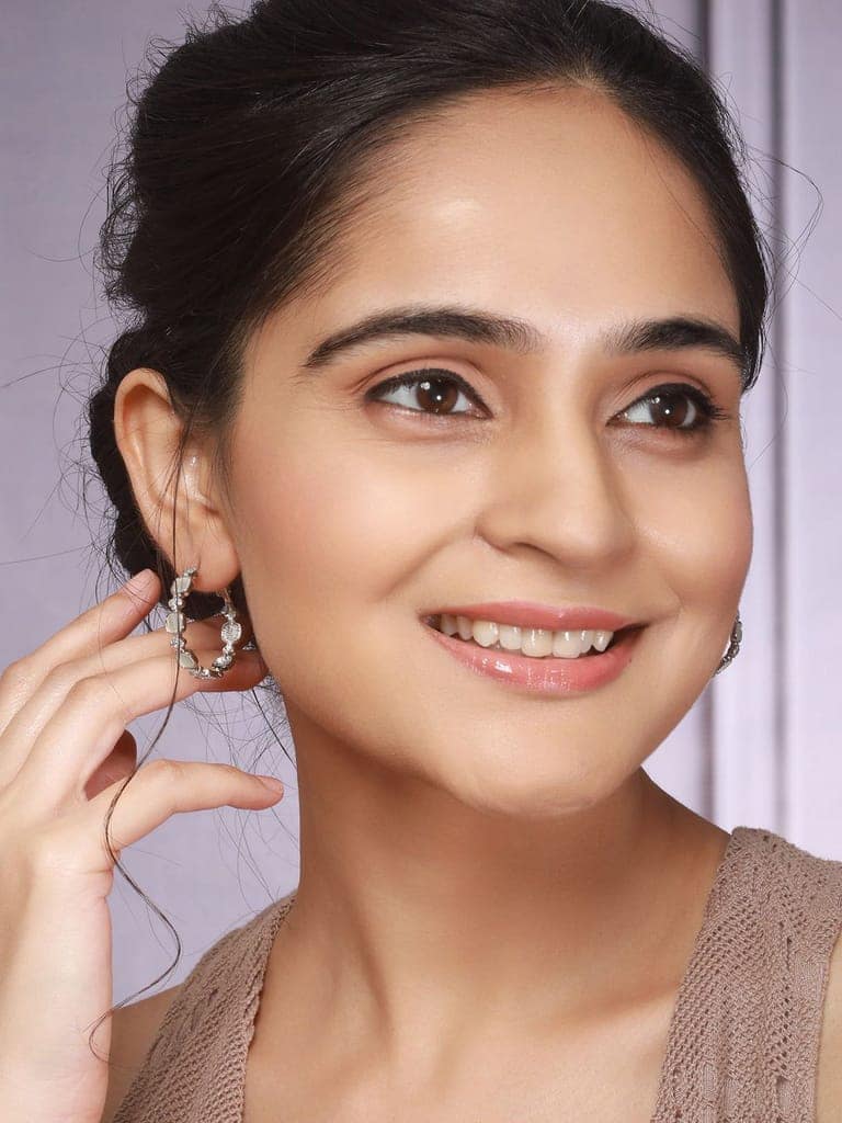 Anti-Tarnish Rhodium Plated Faux Pearl AD Studded hoop Bali Earrings view 3