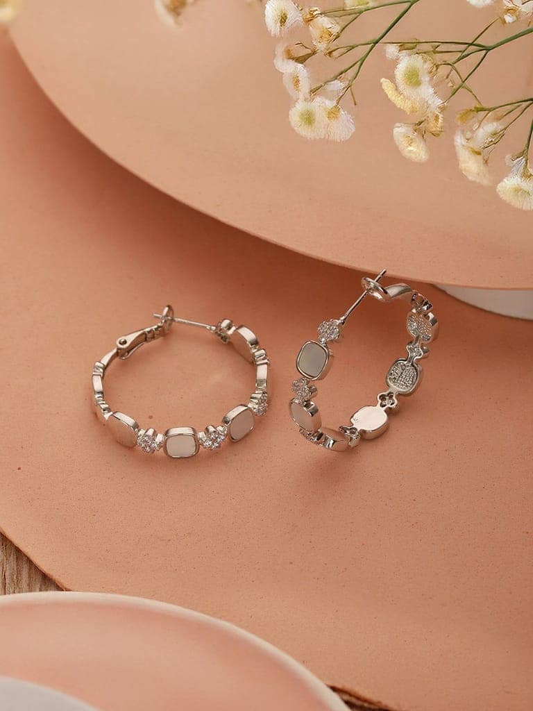 Anti-Tarnish Rhodium Plated Faux Pearl AD Studded hoop Bali Earrings view 4