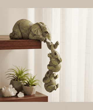3Mads Elephant Family Figurine, Mother with 3 Hanging Baby Calves, Resin, Shelf Edge Decor