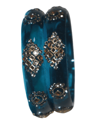 Teal Blue Bangles with Crystal and Golden Embellishments