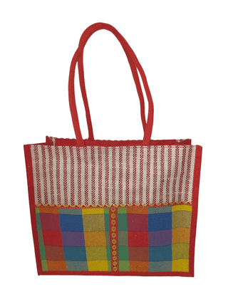 Red and Multicolor Jute Tote Bag with Striped Pattern and Colorful Patchwork Front Pocket