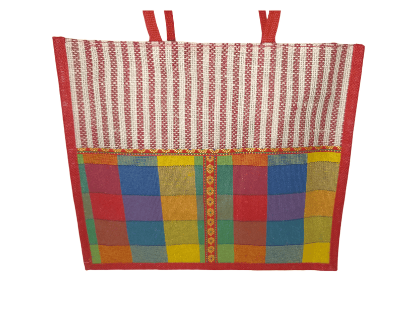 Red and Multicolor Jute Tote Bag with Striped Pattern and Colorful Patchwork Front Pocket view 3