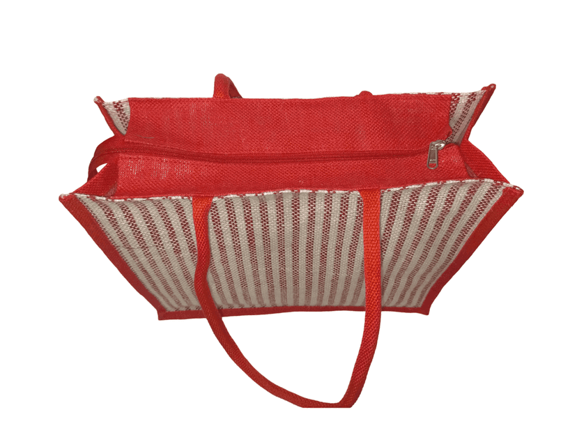 Red and Multicolor Jute Tote Bag with Striped Pattern and Colorful Patchwork Front Pocket view 4