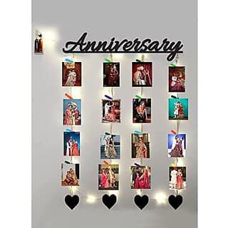 Khush Its Amazing Home Decor Wood Anniversary And Heart With LED Light Hanging Photo Display, DIY Picture Photo Frame Collage Set Includes Multi colour Clips
