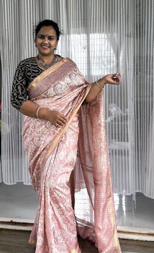 Pure Kota Linen Embroidery Saree Light Peach Colour with running blouse-9530 view 3