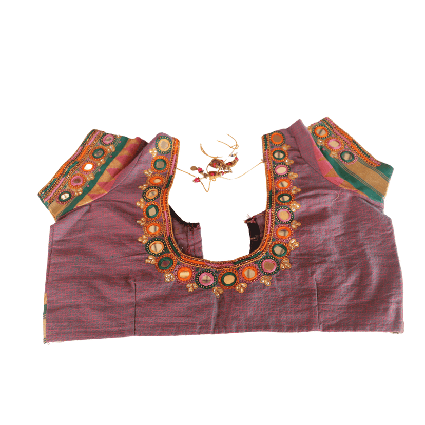 Purple Cotton Silk Readymade Saree Blouse With Embroidery Work view 2