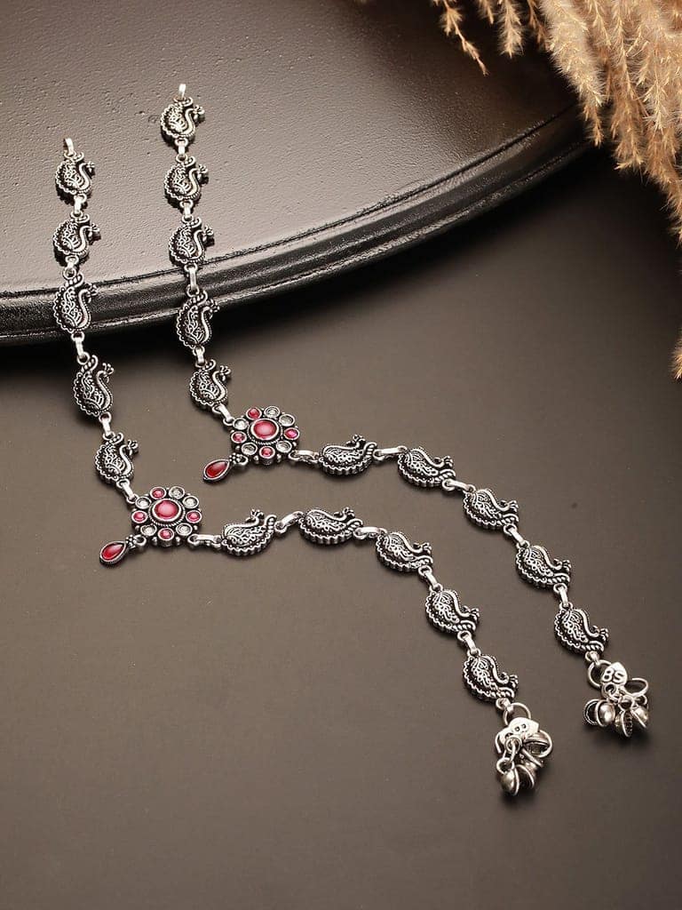 Set of 2 Silver Oxidised Ruby Red Stone Studded Peacock & Flower Minimal Dailywear Anklet Payal view 2