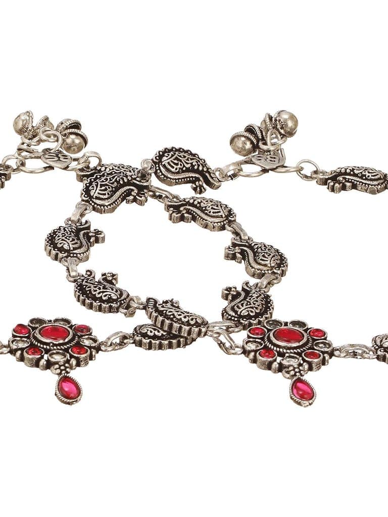 Set of 2 Silver Oxidised Ruby Red Stone Studded Peacock & Flower Minimal Dailywear Anklet Payal view 4