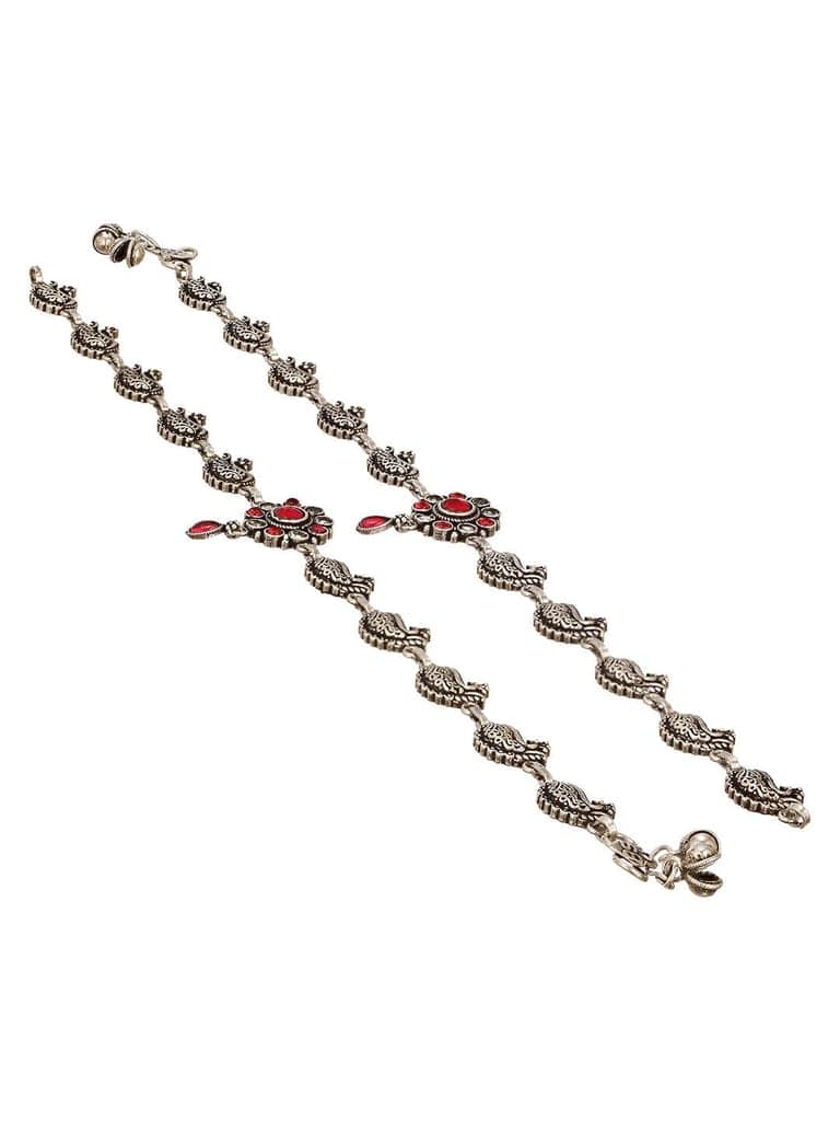 Set of 2 Silver Oxidised Ruby Red Stone Studded Peacock & Flower Minimal Dailywear Anklet Payal view 5