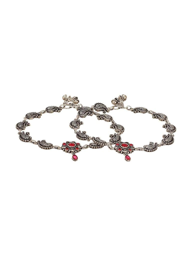 Set of 2 Silver Oxidised Ruby Red Stone Studded Peacock & Flower Minimal Dailywear Anklet Payal view 6