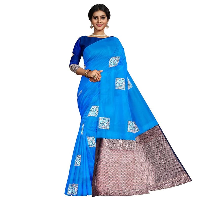 Sky Blue Color Box Like Silver & Copper Zari Butta with Contrast Blouse view 2