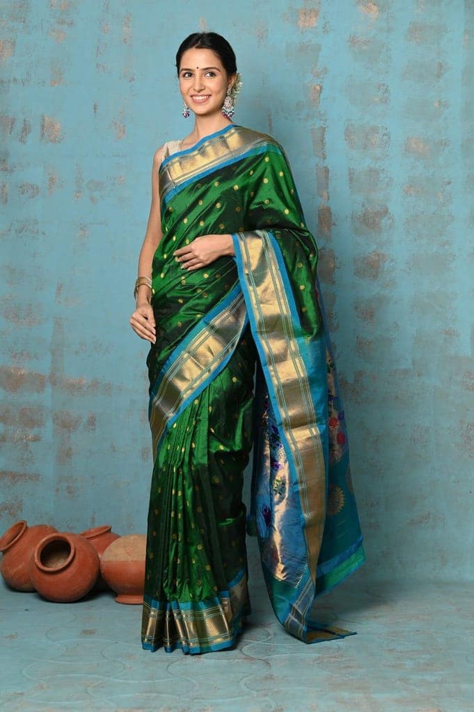 Tyohaar ~ Exclusive Handloom Pure Silk Paithani With Contrast Pallu ~ Royal Green view 2