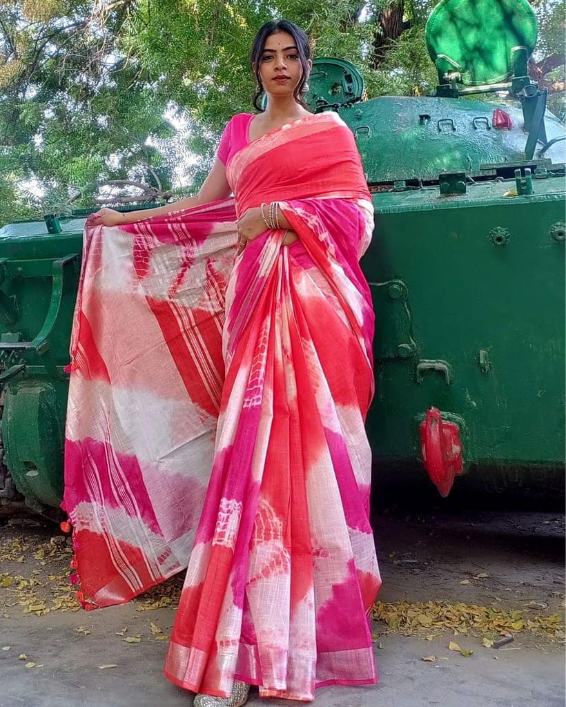 Cotton Linen Saree Pink & Red Color Shibori Hand Dyed with running blouse-9865 view 2