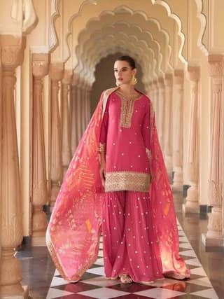 Refined Pink Festive Wear Real Chinon Top Palazzo and Digital Print Dupatta Set for Wedding