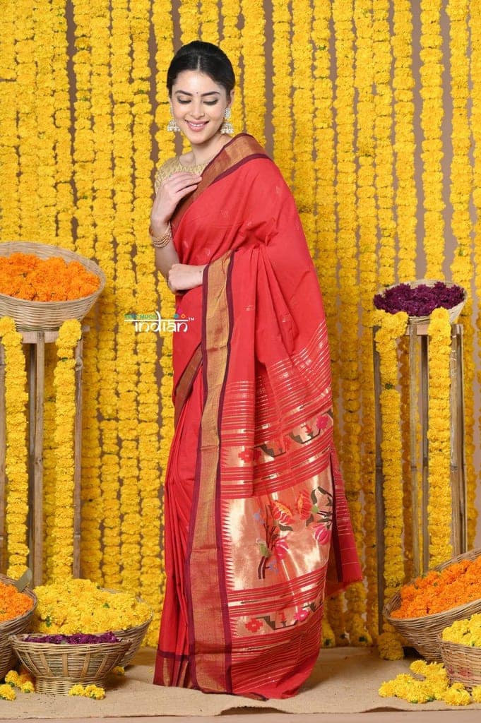 Rajsi~Handloom Pure Cotton Paithani With Asawali Pallu~ Red view 2
