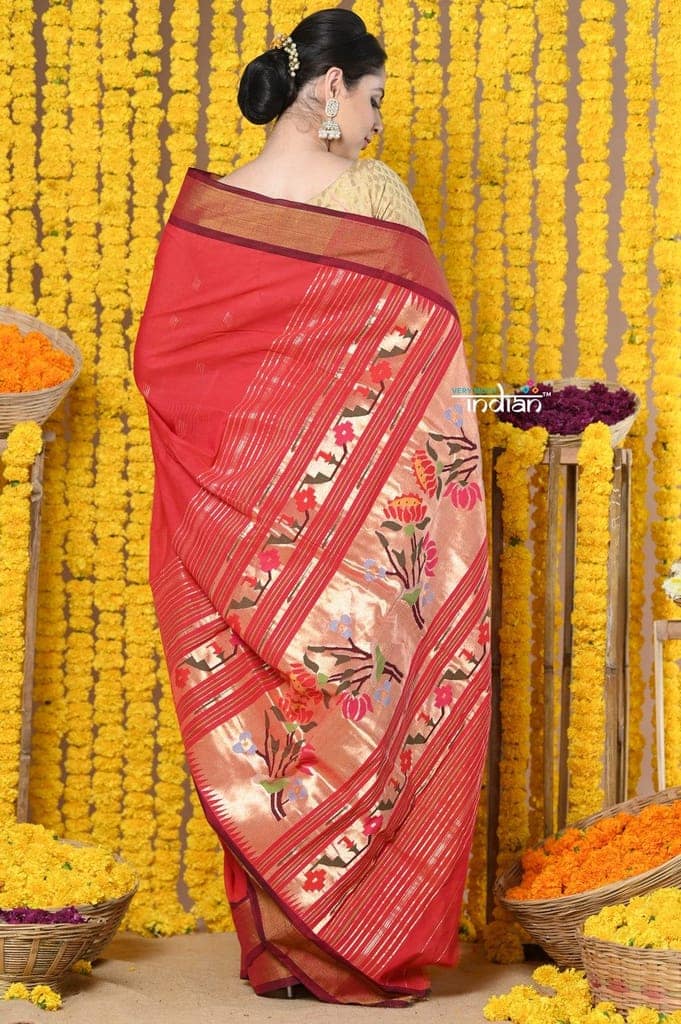Rajsi~Handloom Pure Cotton Paithani With Asawali Pallu~ Red view 3