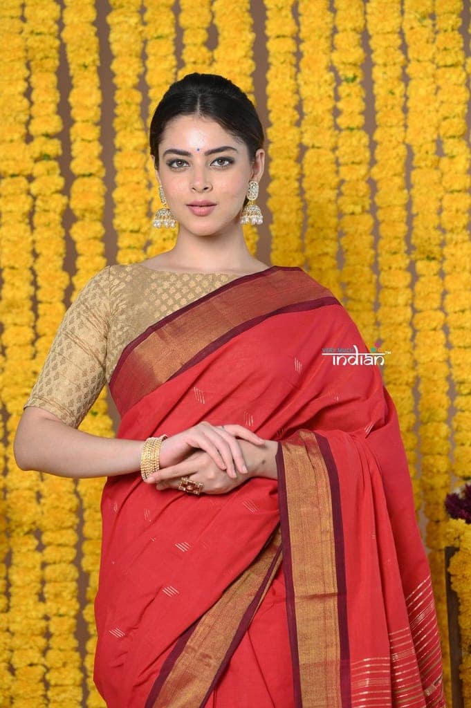 Rajsi~Handloom Pure Cotton Paithani With Asawali Pallu~ Red view 4