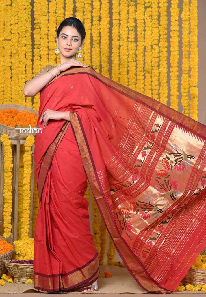 Rajsi~Handloom Pure Cotton Paithani With Asawali Pallu~ Red view 5