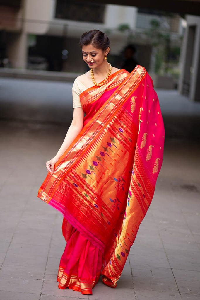 Pure Silk Handloom - Yeola Paithani - Pink and Orange (Multicolor Peacock Pallu Available) view 2
