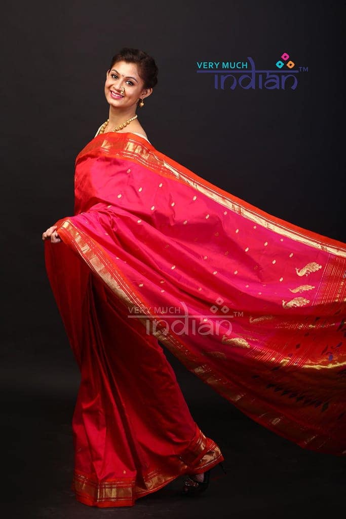 Pure Silk Handloom - Yeola Paithani - Pink and Orange (Multicolor Peacock Pallu Available) view 3
