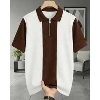 Ausk Mens Brown, White Graphic Print Cotton Blend Polo Collar T-Shirt