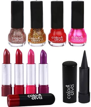 Adbeni Combo - Color Diva Lipsticks, Nail Polish & Kajal, (GC1432) Makeup Kit Pack of 9 50