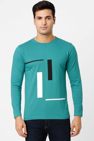 Men’s Sea Green Full Sleeve Cotton Blend T-Shirt with Abstract Graphic Print | Stylish Casual Wear