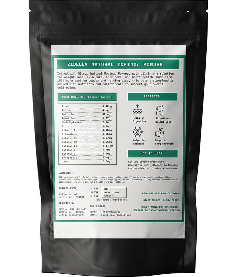 Zidella Moringa Powder for Skin | Hair | Weight loss - Drumstick Leaves Powder - 100gm) view 2
