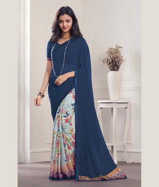 BLEESBURY Georgette Printed Saree With Unstitched Blouse Piece ( Navy Blue )