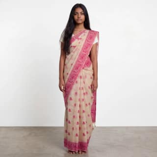 Bomkai Sonepuri Cream Cotton Saree Magenta Pink Buti Border