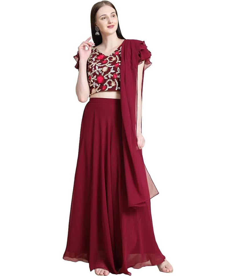 TOGZZ Maroon Georgette A-line Stitched Lehenga