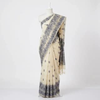 Sambalpuri Floral Print Blue Odisha Tussar Cotton Saree