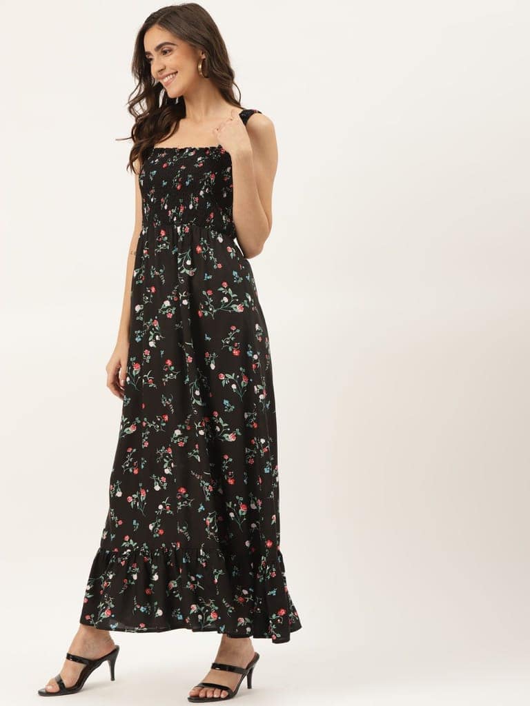Black Ditsy Floral Smocked Detail Maxi Dress view 3