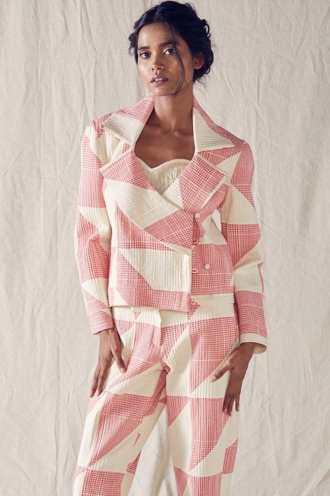 Quilted Pant And Jacket Co-Ord In Red And Off White Checks Cotton Khadi Mulmul view 4