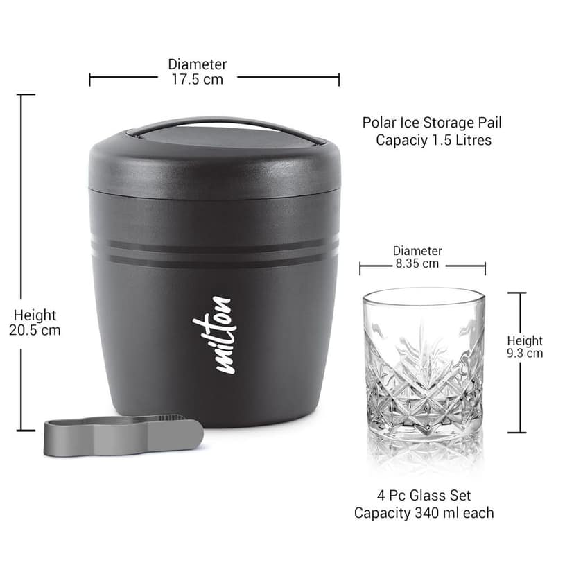 Milton Spiritz Ice Pail with Whiskey Glass Set – 1.5L PU Insulated Bucket, Tong, and 4 pcs, 340ml Each Tumblers for Cocktails, Bars, and House Parties (Black ) view 3