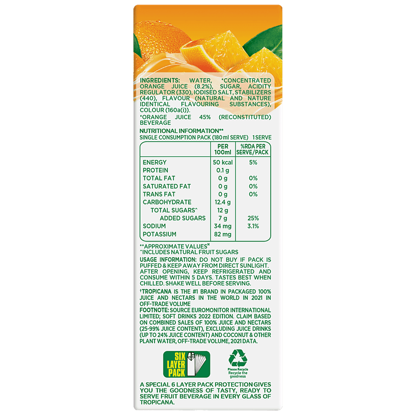 Tropicana Orange Delight Fruit Juice - No Added Preservatives, 180 Ml Tetra view 2