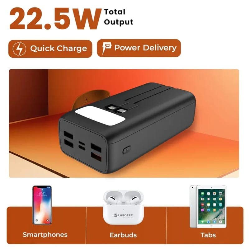 Lapcare Tanker 30000Mah Powerbank,Metallic Body|4X USB & 22.5W QC PD3.0 Type-C Micro USB Input Fast Charging with Dual Attached Cable for iPhone & Android Devices|Multi Layer Protection|Made in India view 3