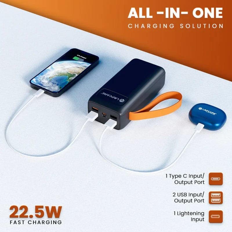 Lapcare Tanker 30000Mah Powerbank,Metallic Body|4X USB & 22.5W QC PD3.0 Type-C Micro USB Input Fast Charging with Dual Attached Cable for iPhone & Android Devices|Multi Layer Protection|Made in India view 8