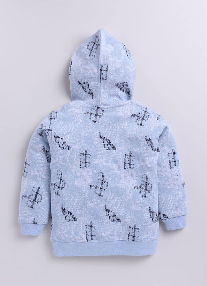 Baby Blue Checkered Print Full Sleeves Hooded Sweatshirt for Boys view 2