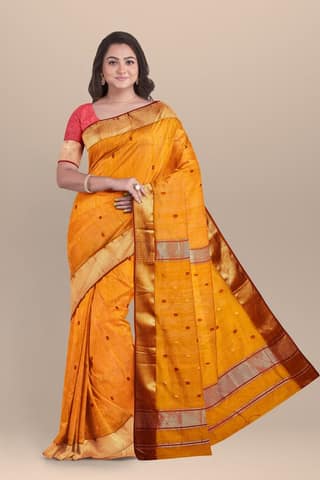 Mustard Yellow Rui Buti Handwoven Sausar Silk with Zari Border Saree SKU-BS10046