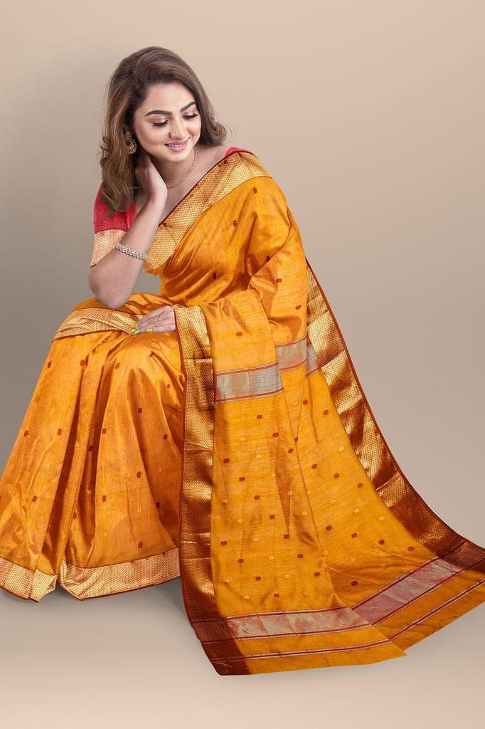 Mustard Yellow Rui Buti Handwoven Sausar Silk with Zari Border Saree SKU-BS10046 view 2
