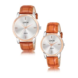LOREM Couple Watches, Diamond Studded Dial, Silver-Black Case, Leather Strap, Quartz Movement