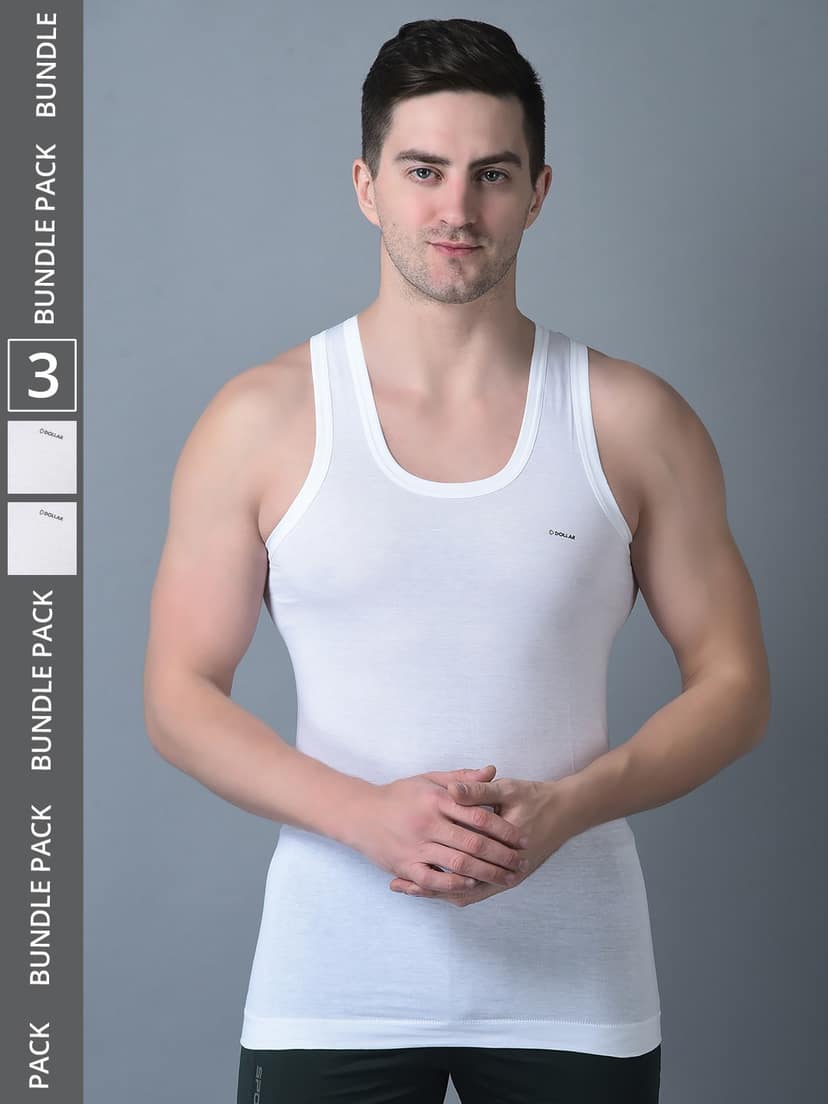 Men's White Pack of 3 Solid Combed Cotton Shrinkless Vest