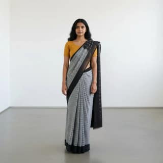 Pochampally Double Ikat Cotton Saree with Temple Border, Black Gray